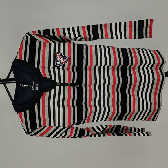 Key-X Collection Top Size XXL White Blue Grey Stripe Long Sleeve Round Neckline - Picture 2 of 7